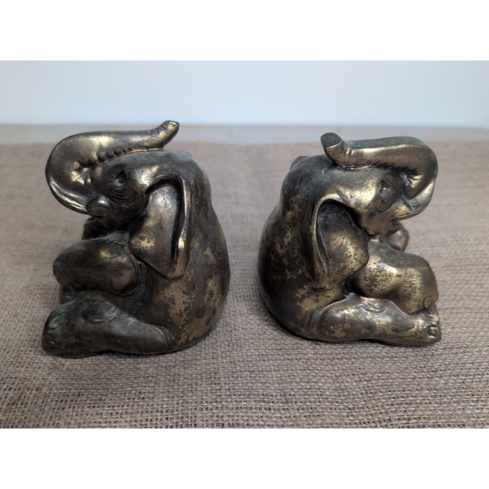 2 Vintage Brass Metal Elephant Bookends Figures PM Craftsman Happy Lucky Couple